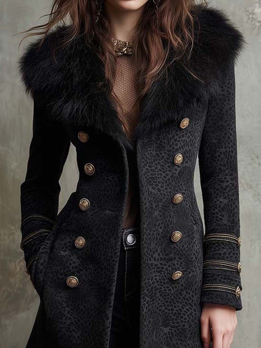 Black Printed Suede Long Coat With Faux Fur Collar & Gold Buttons