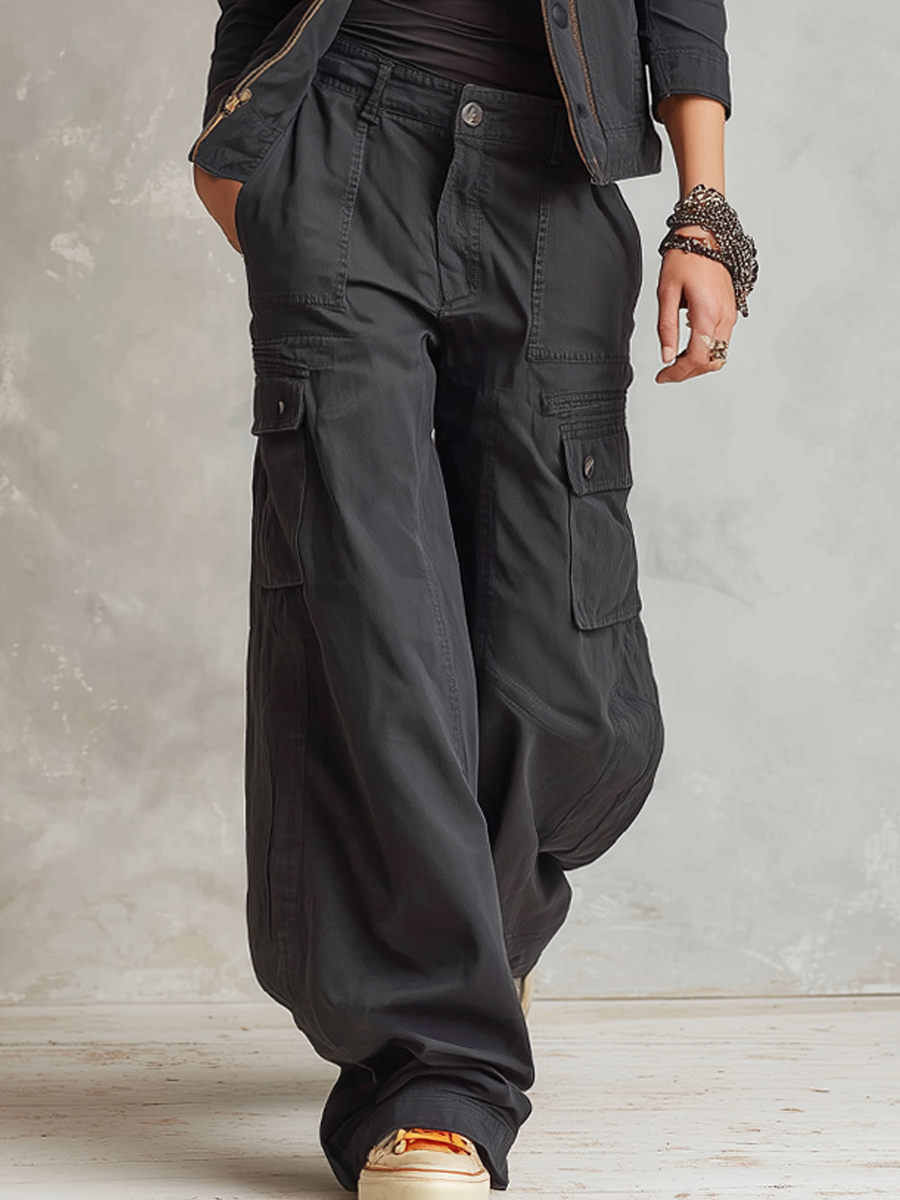 Retro Zipper Collar Multi-pocket Workwear Black Set