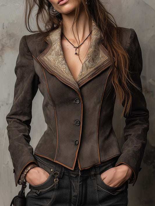 Dark Brown Suede Fitted Blazer With Printed Lapel