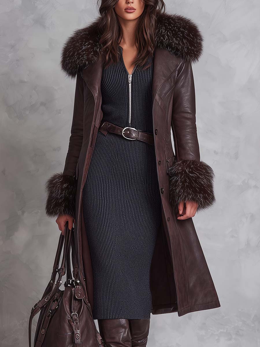 Vintage Reddish Brown Eco-Leather Coat With Detachable Fur Collar