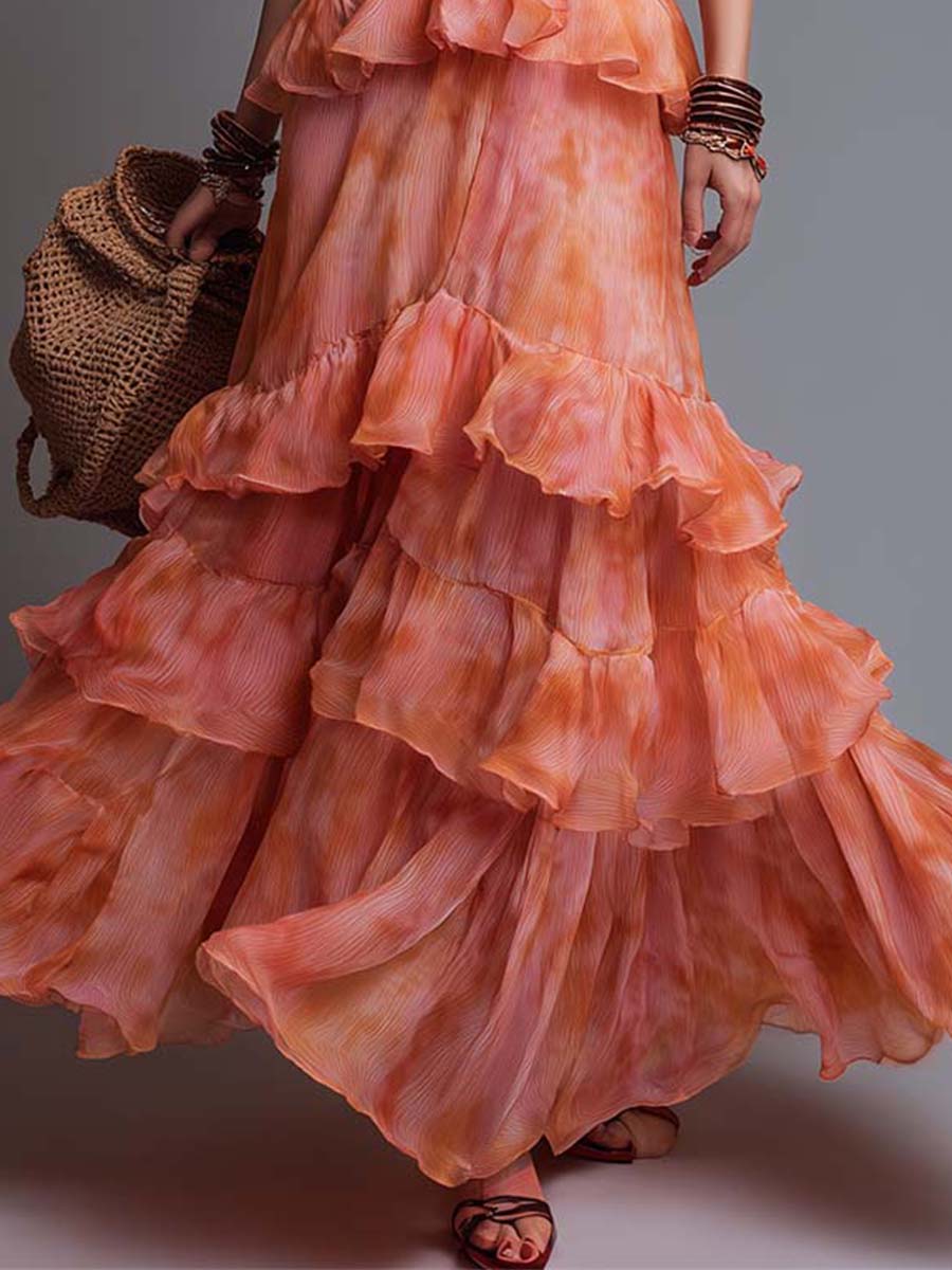 Boho-Vintage Elegant Tiered Ruffle Chiffon Maxi Dress