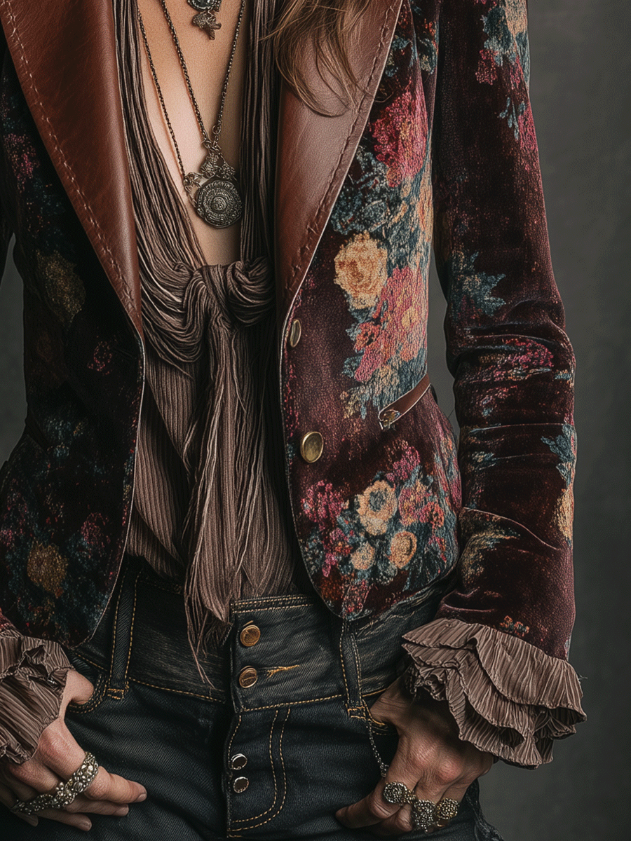 Vintage Burgundy Floral Velvet Contrast Lapel Blazer