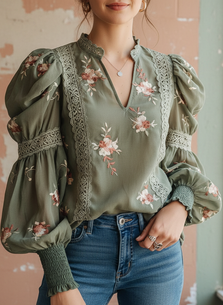 The Embroidered Sage Puff-Sleeve Blouse