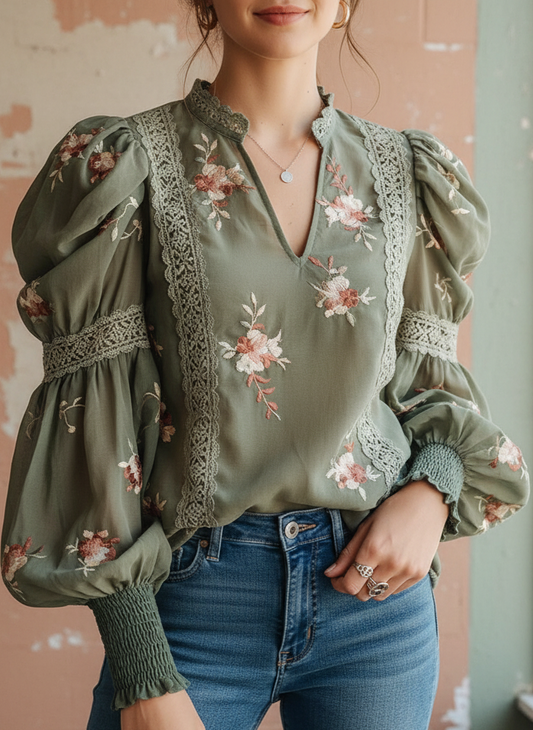 The Embroidered Sage Puff-Sleeve Blouse