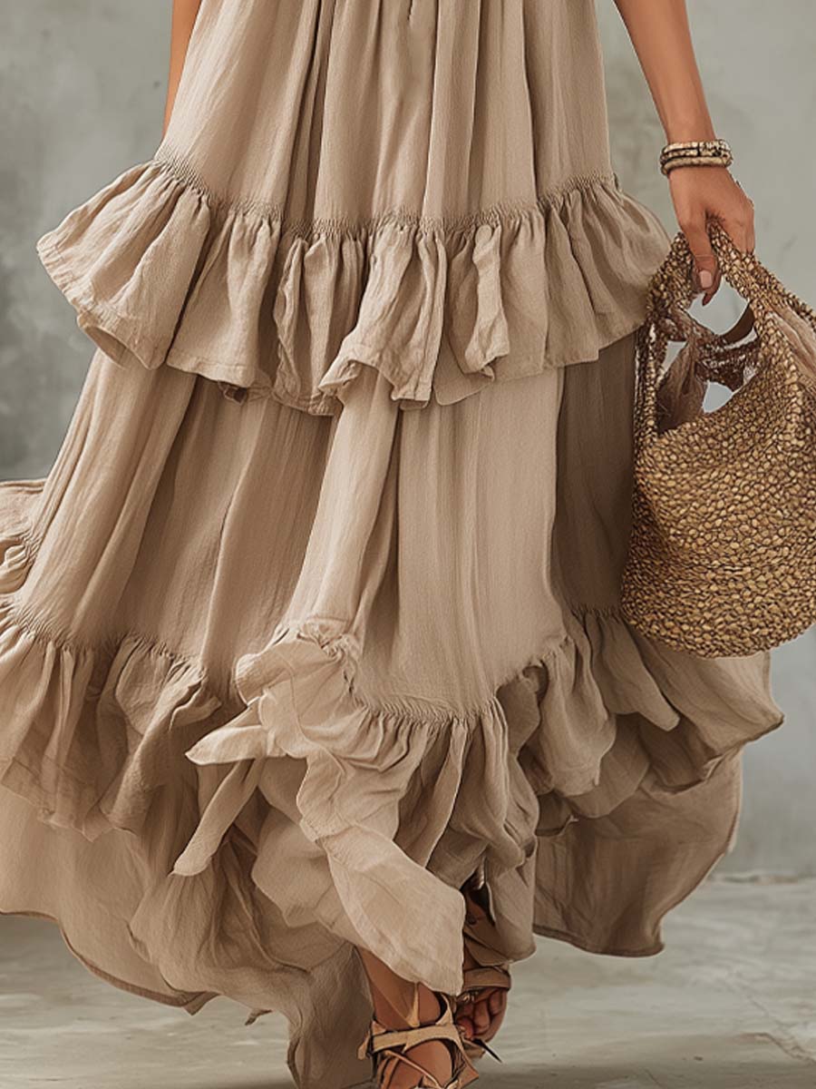 Vintage Lace-neck Ruffled Cotton And Linen Maxi Dress