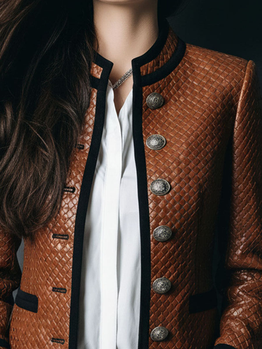 Vintage Eco Brown Woven Textured Leather Jacket