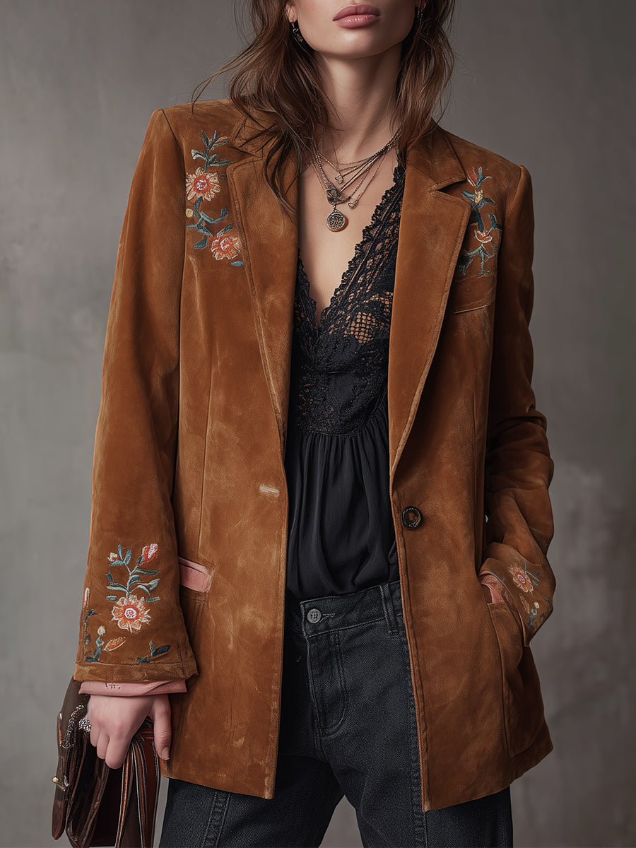 Vintage Suede Floral Embroidered Lapel Blazer