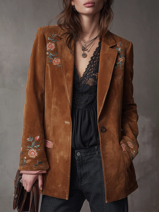 Vintage Suede Floral Embroidered Lapel Blazer