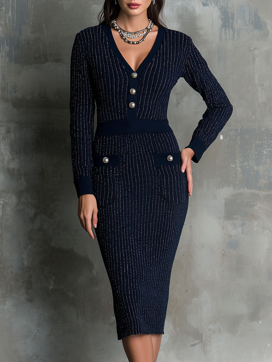 Navy Blue Luxe Knit Bodycon Dress With Shimmering Stripes