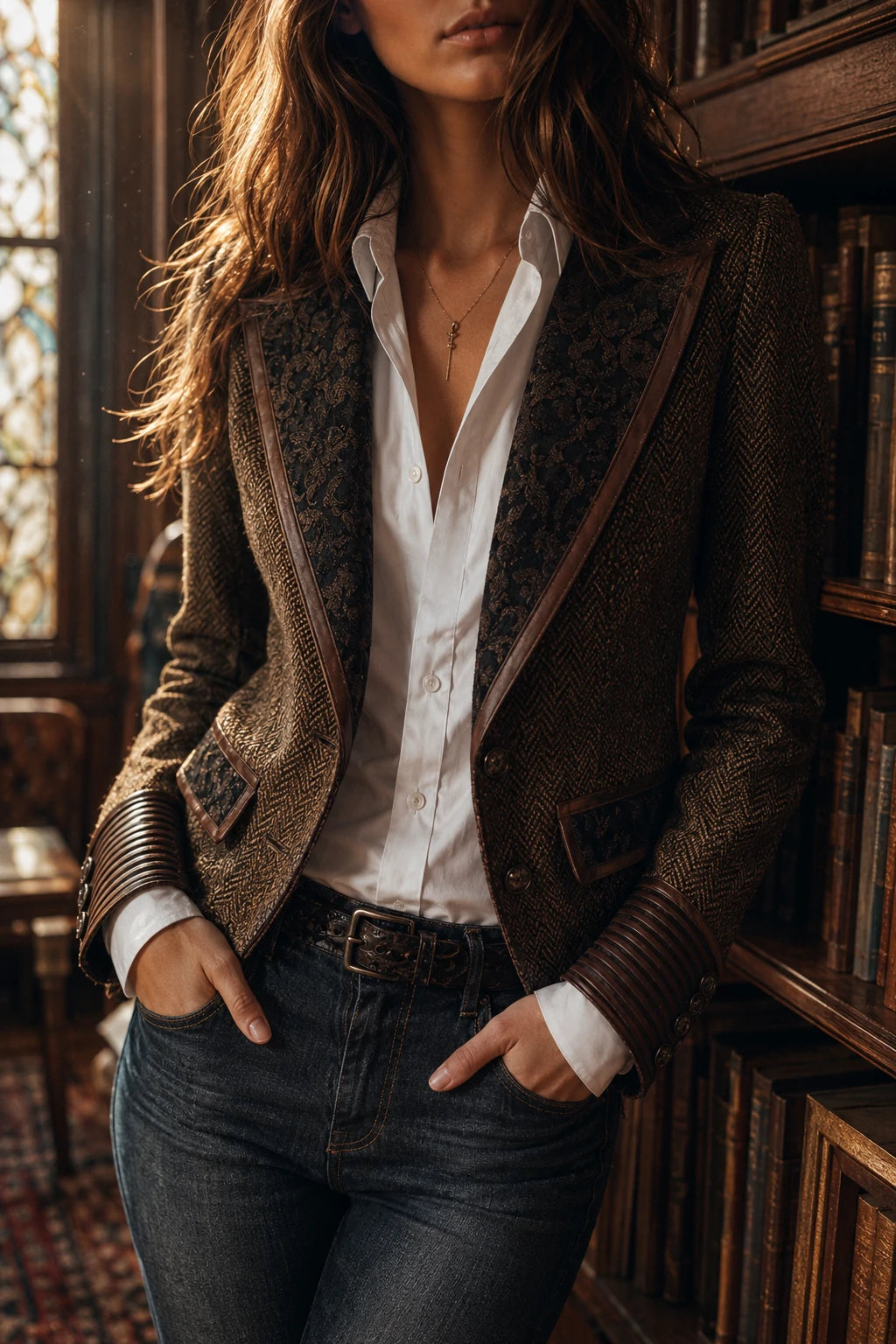 Herringbone Tweed Blazer With Printed Panels