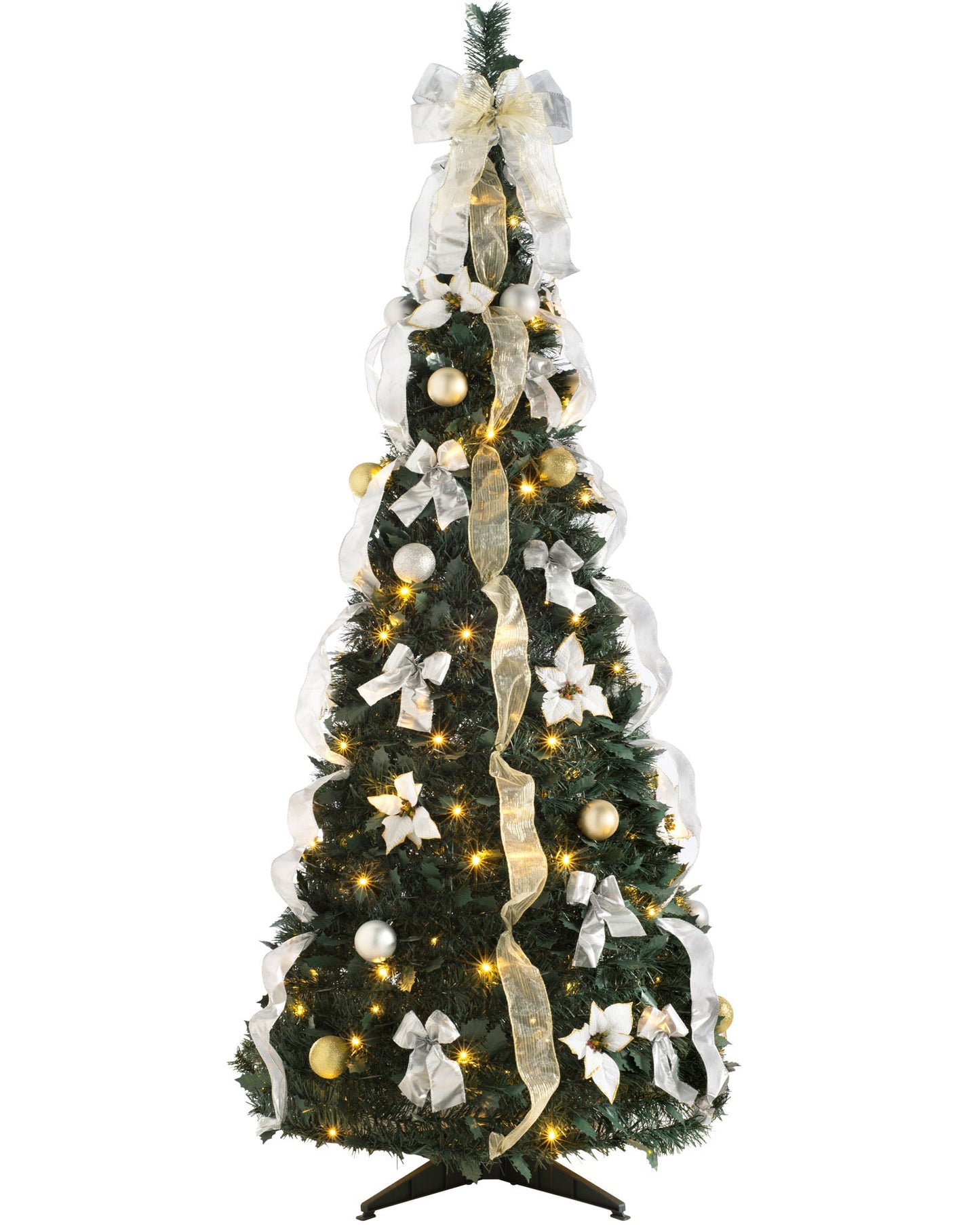 Pre-Decorated Holly Popup Christmas Tree, 200 Warm White LED, Champagne & Silver, 6 ft / 1.8 m