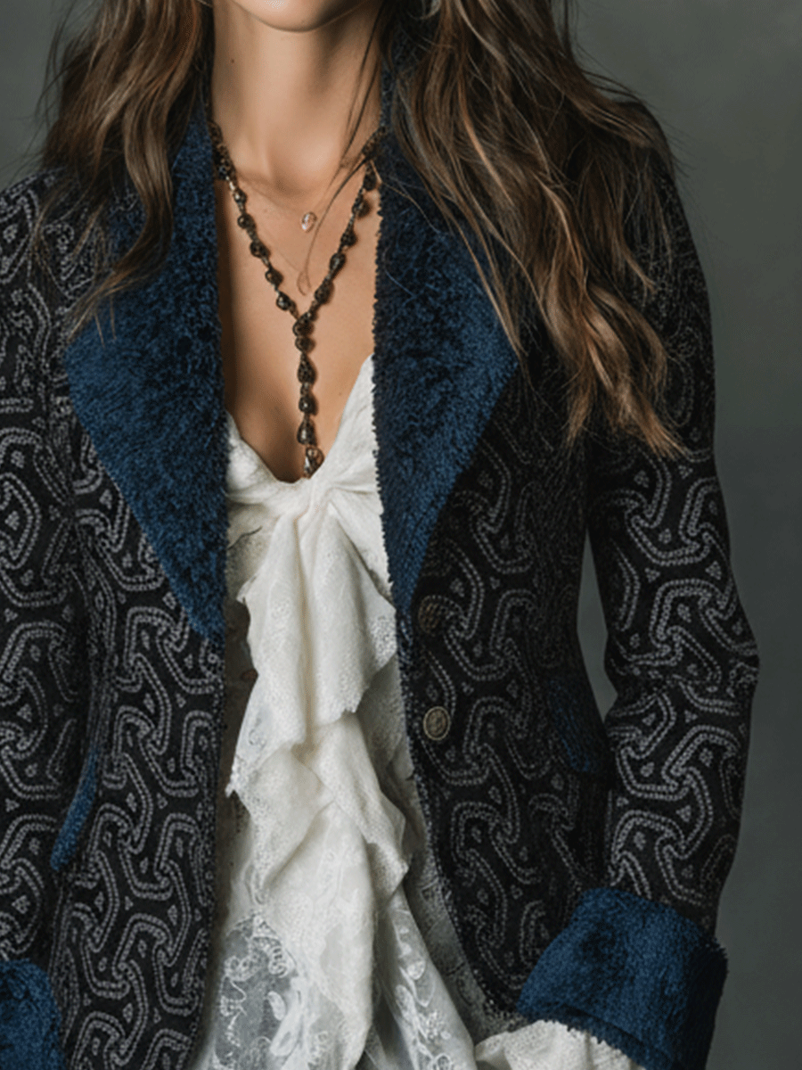 Vintage Navy Jacquard Lapel Tailored Blazer