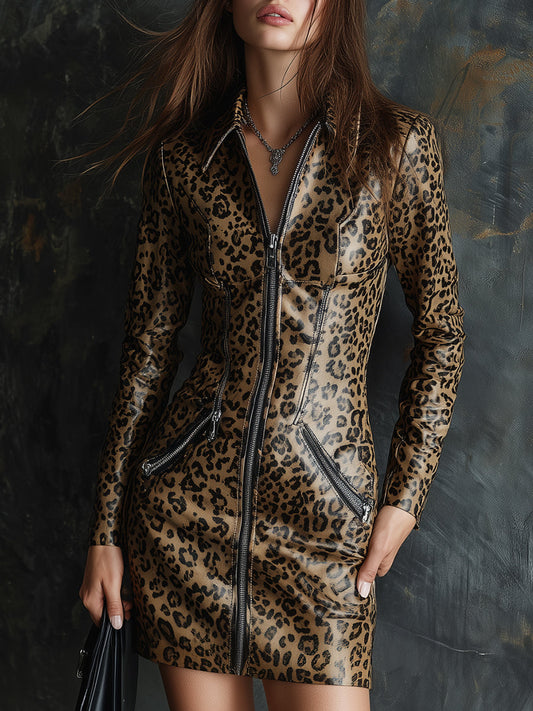 Retro Leopard Print Eco-friendly Leather Slim Mini Dress