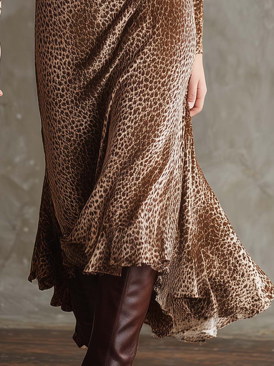 Champagne Leopard Velvet Wrap Midi Dress