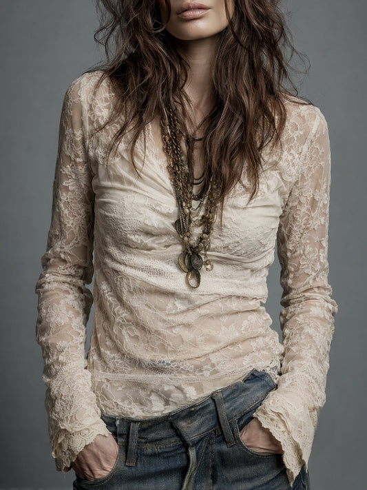 Vintage Cowl Neck Lace Long Sleeve Blouse