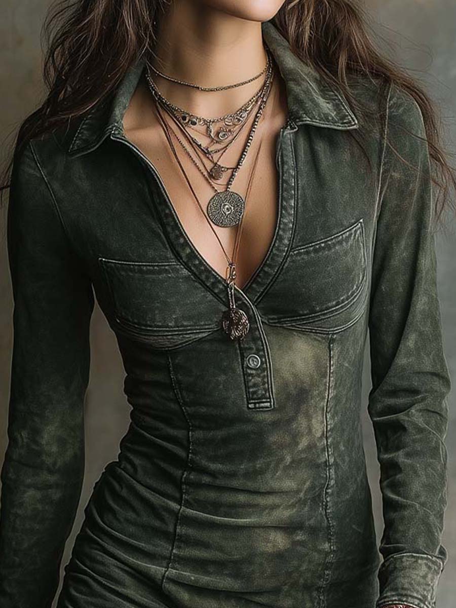 Washed Army-Green Fitted Denim Mini Dress