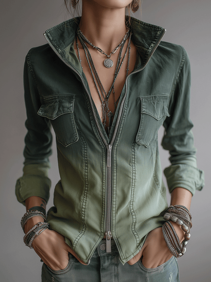 Casual Green Gradient Workwear Pocket Denim Zip-Up Blouse