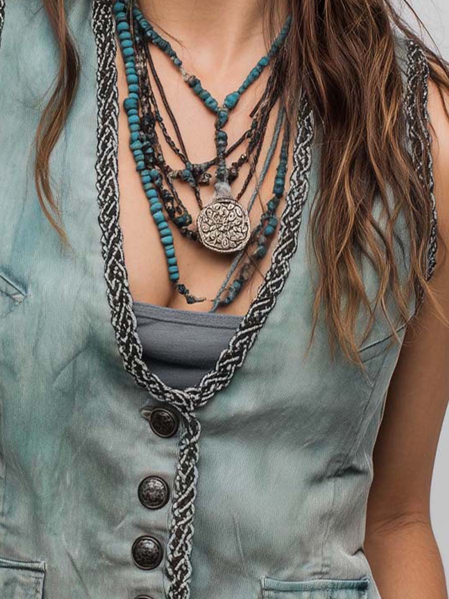 Vintage Washed Denim Mint Green Braided Trim Western Vest