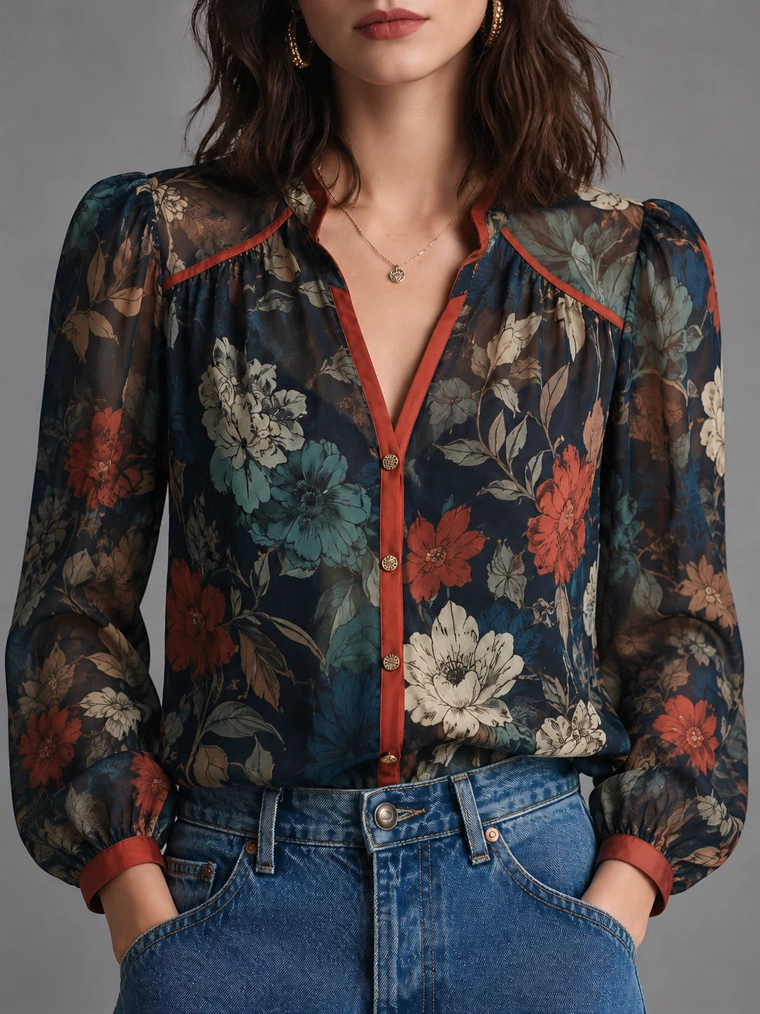 Vintage Botanical Puff Sleeve Blouse