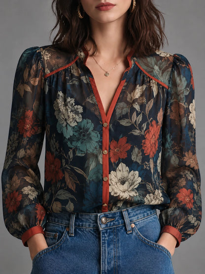 Vintage Botanical Puff Sleeve Blouse