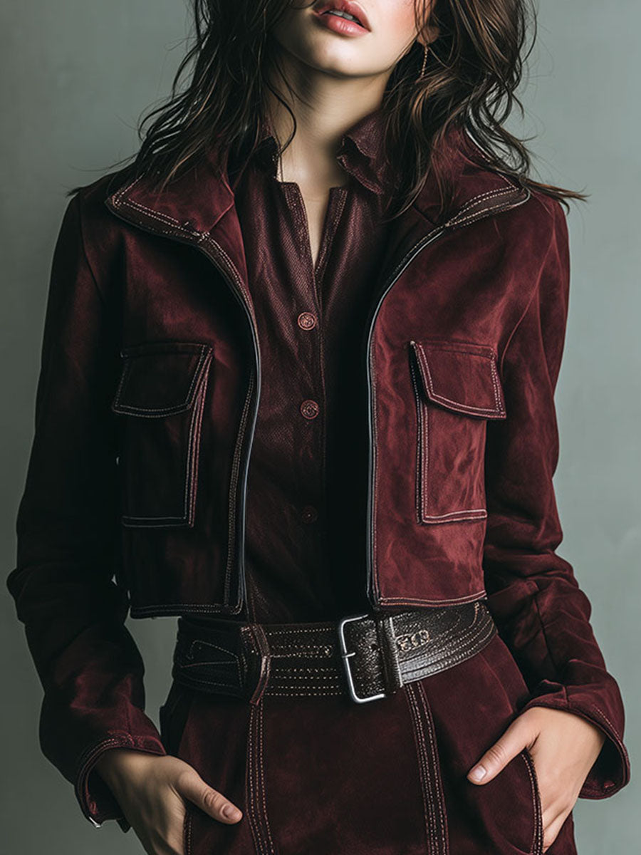 Retro Burgundy Suede Cropped Jacket & Mini Skirt Two-Piece Set