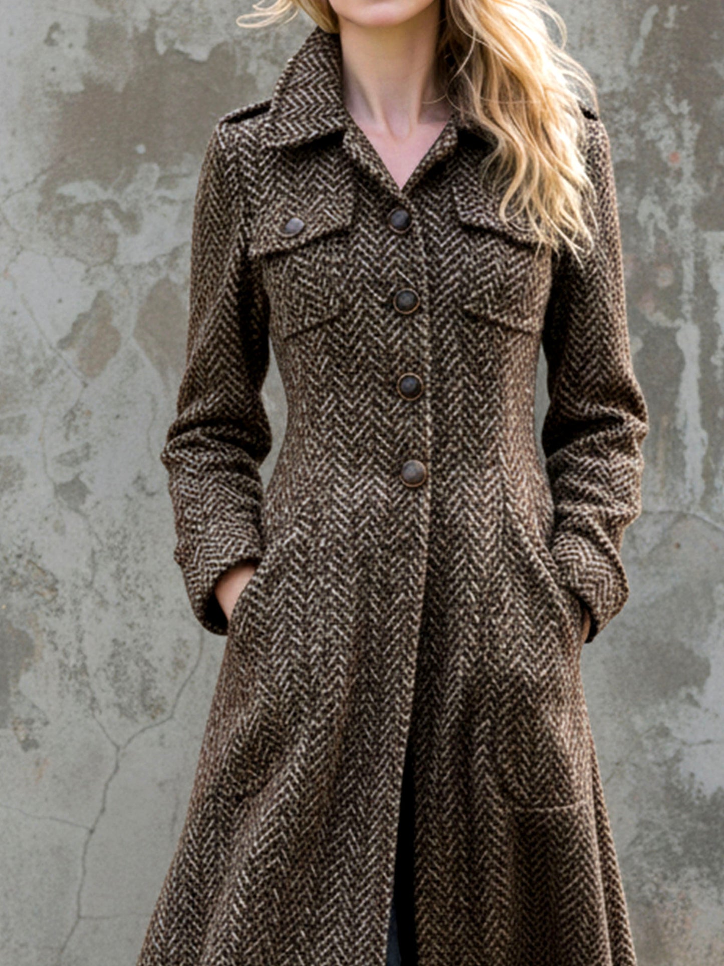 Military Brown Herringbone Wool Tailored Overcoat