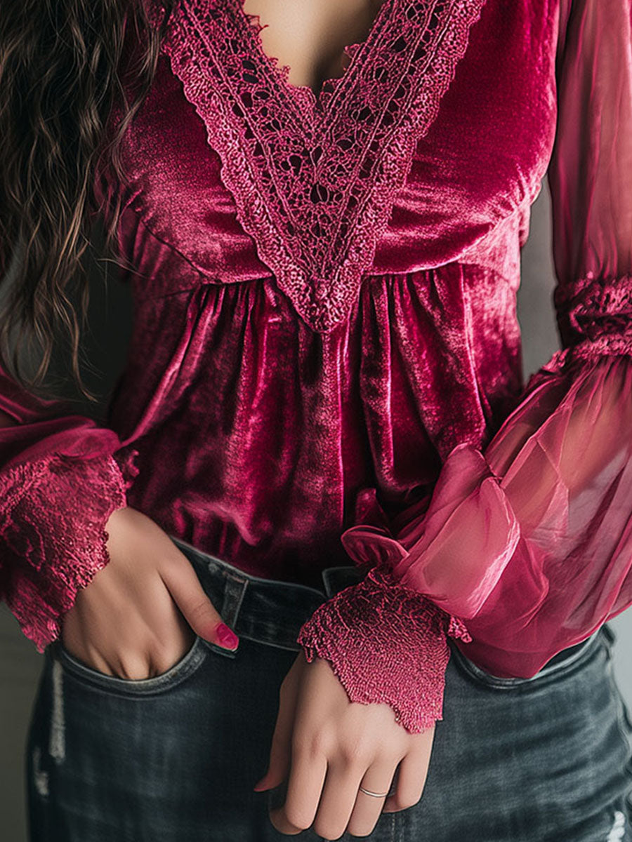 Romantic Hot Pink Velvet & Lace Sheer Puff Sleeve Blouse