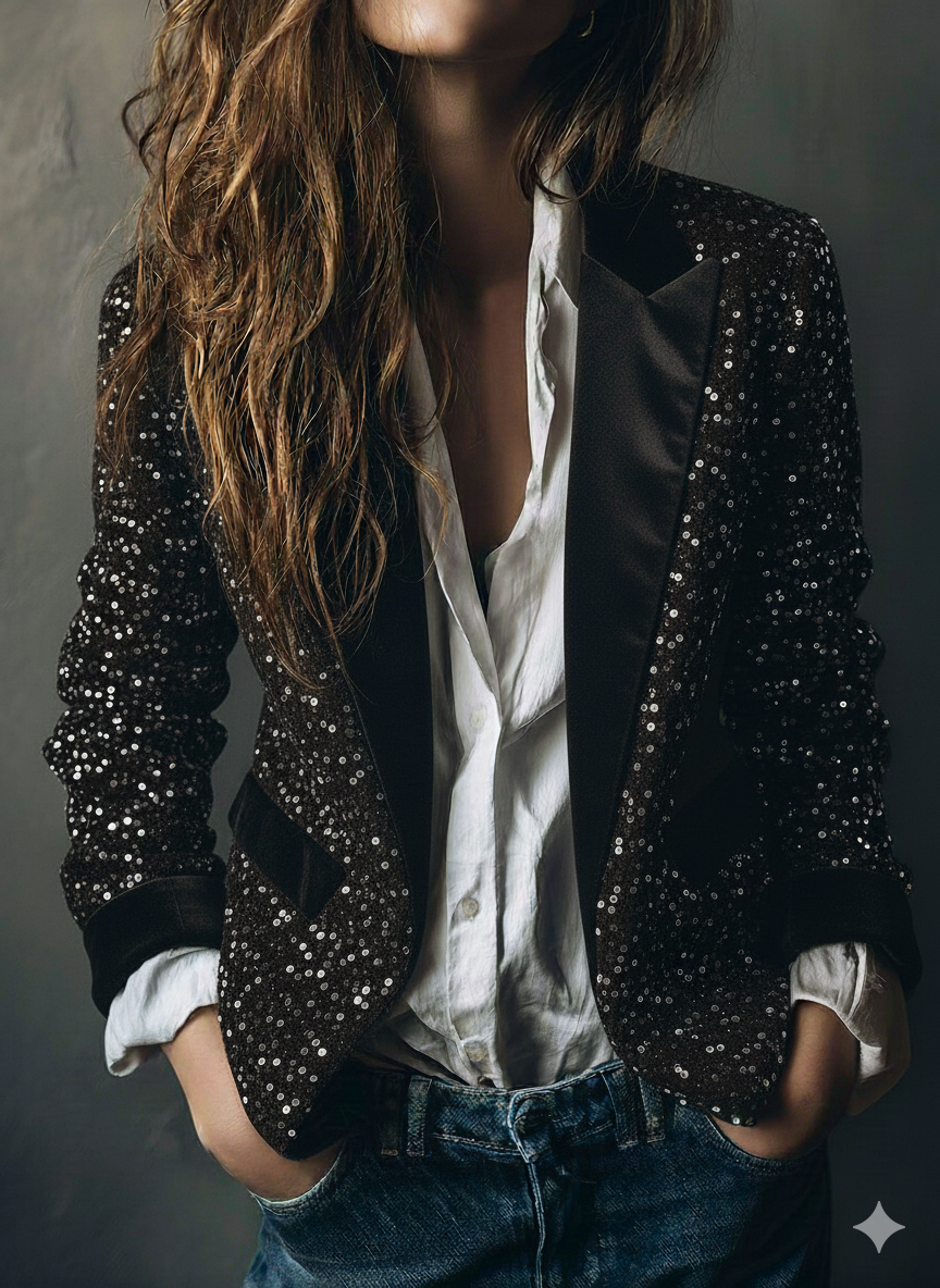 Chic Black Sparkling Sequin Velvet Tailored Blazer