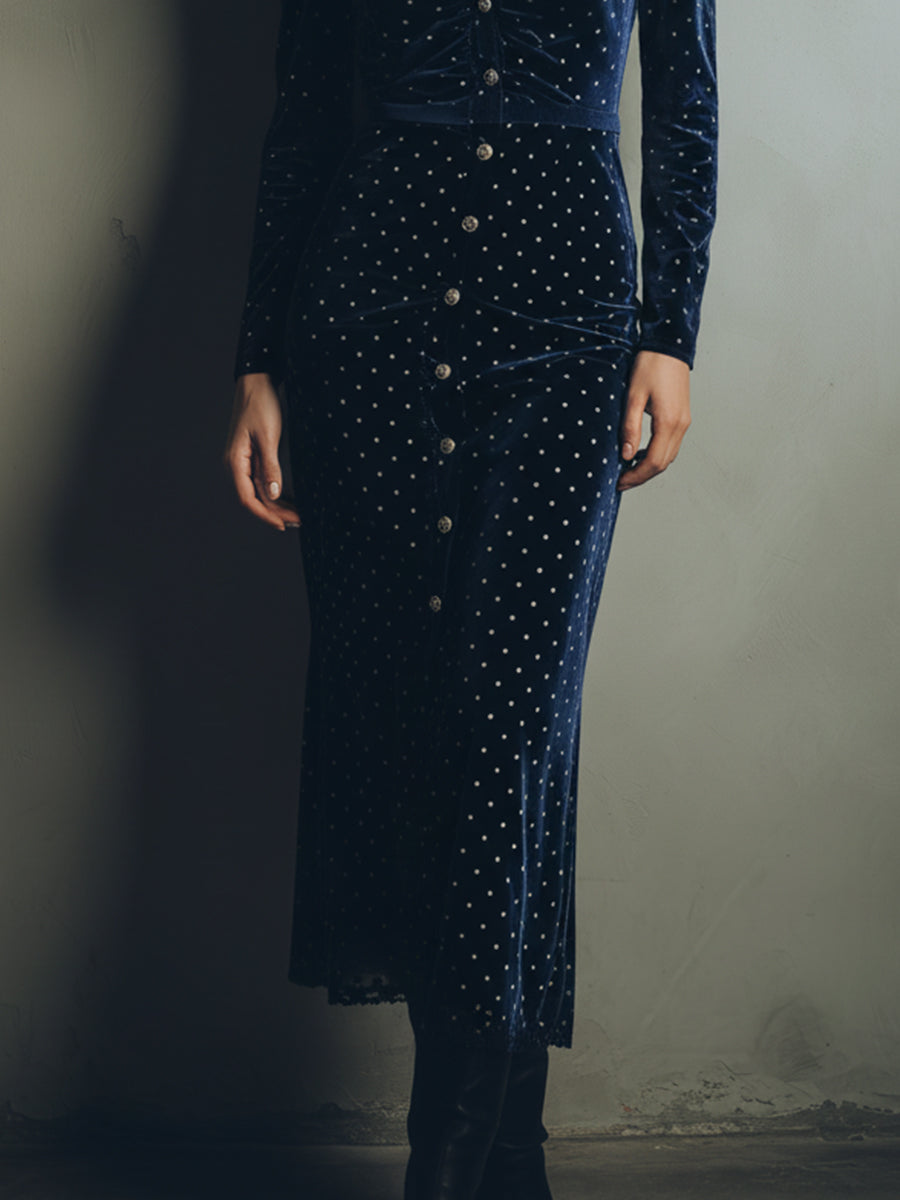 Quiet Luxury Puff Sleeve Velvet Polka Dot Midi Dress