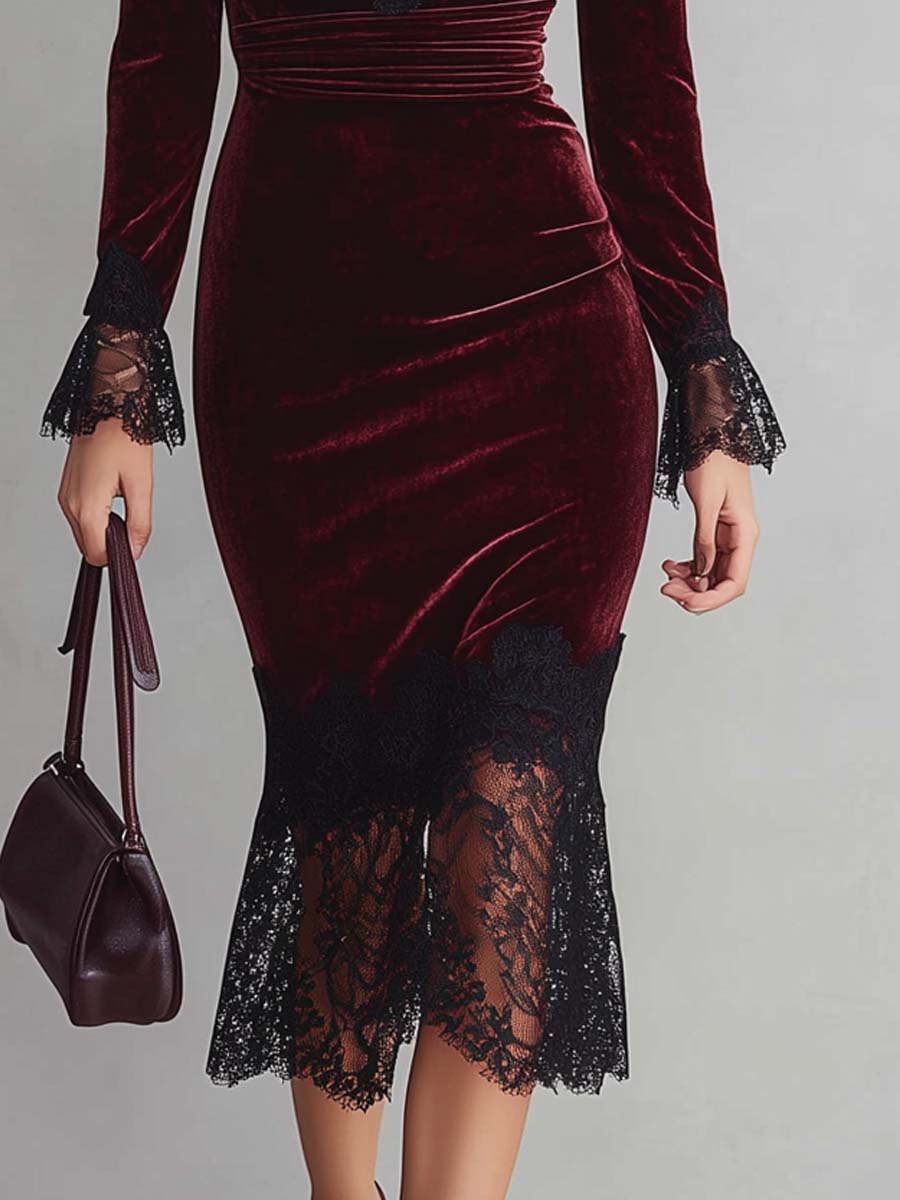 Retro V-neck Lace Trim Polyester Velvet Midi Dress