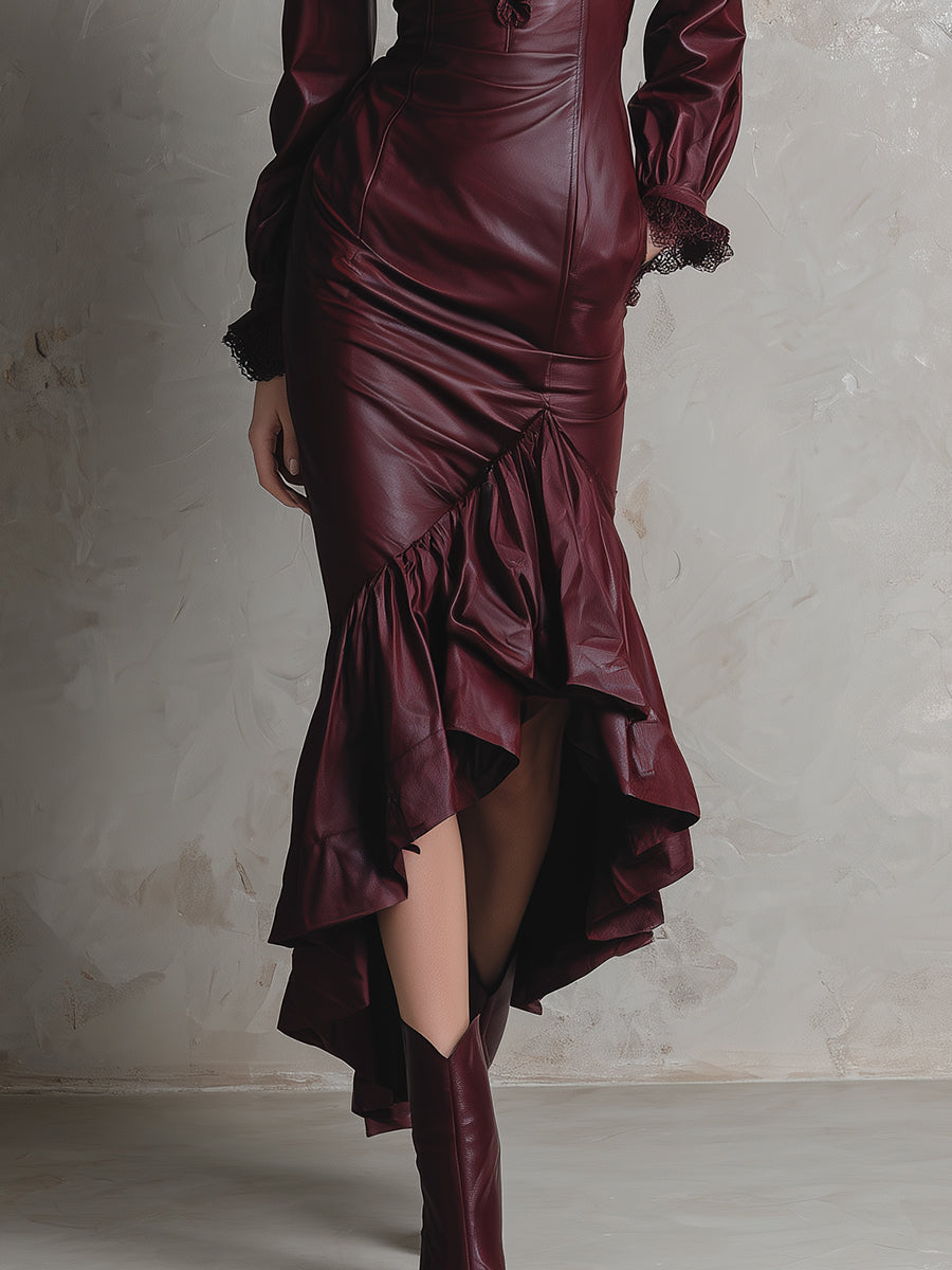 Chic Lace Ruffle High-low Fishtail Hem Eco-friendly Pu Midi Dress