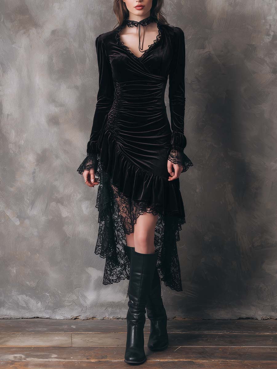 Gothic Velvet Pleated Detail High And Low Hem Lace Dress