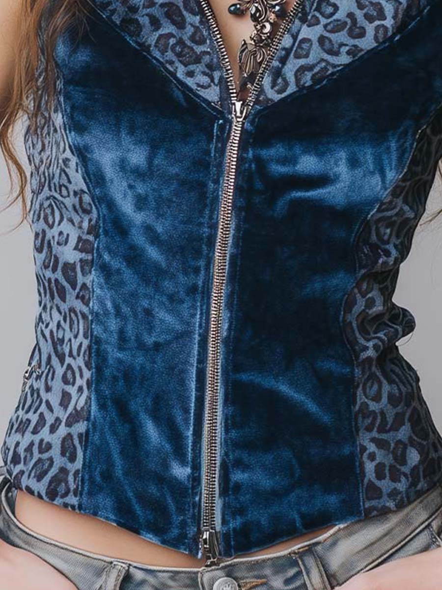 Vintage Contrast Leopard Detail Velvet Zip-up Vest