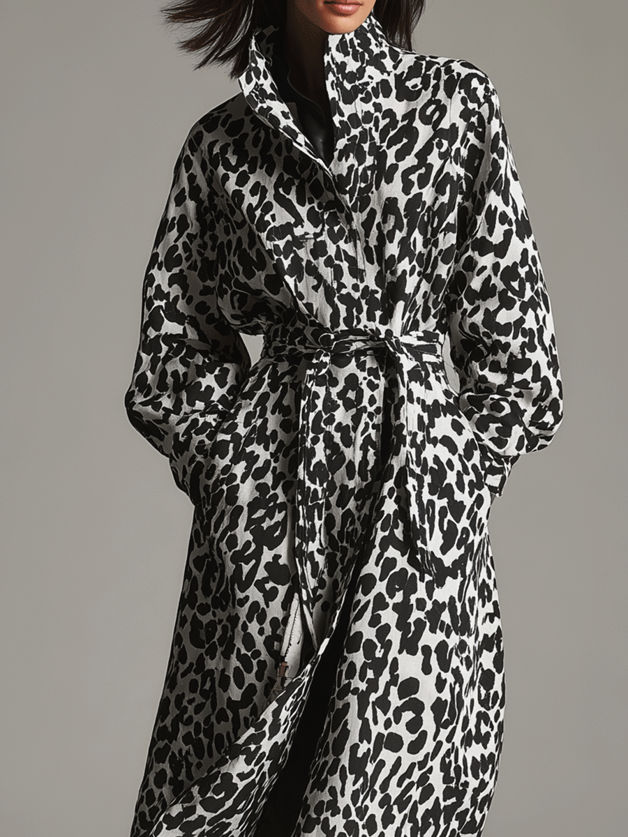 Abstract Pattern Black & White Wool Maxi Coat