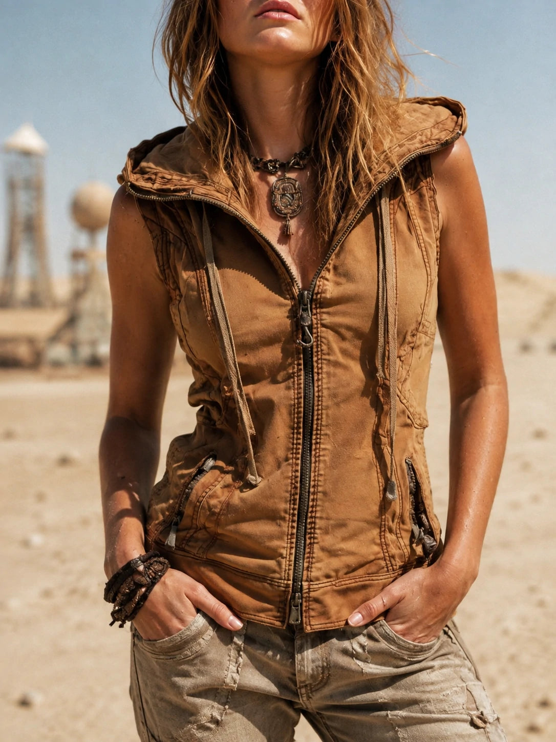 Vintage Washed Utility Style Hoodie Vest