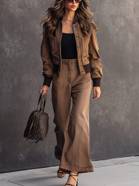 Vintage Brown Bomber Matching Denim Set