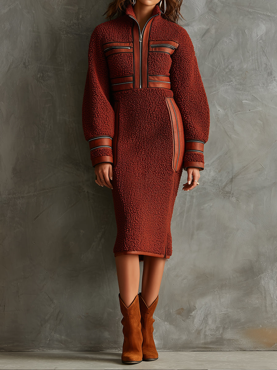 Boho Utility Elegance Polar Fleece Zip Midi Dress
