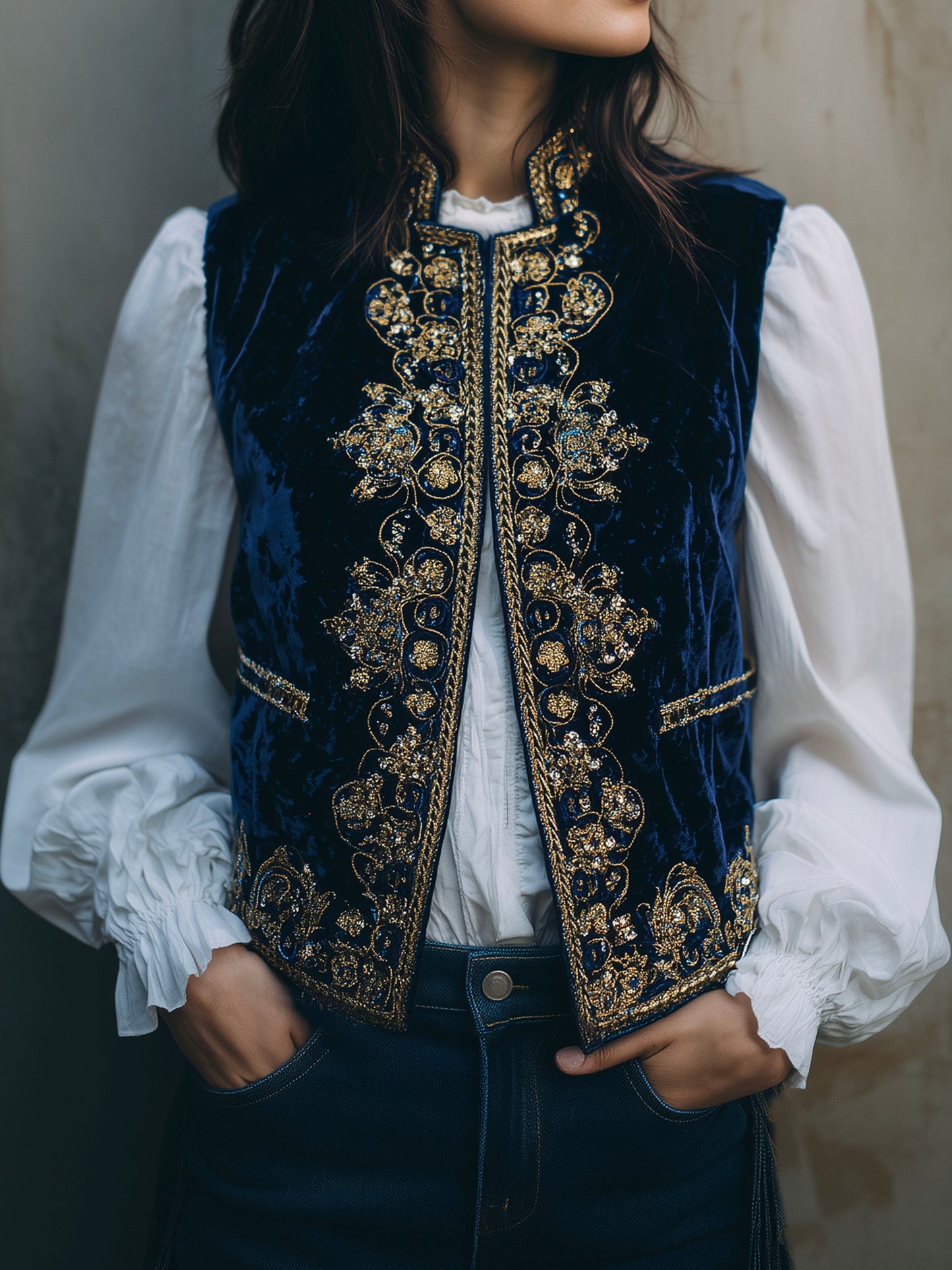 Vintage Navy Velvet Gold Baroque Embroidered Vest