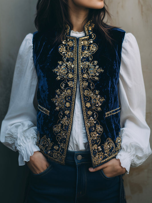 Vintage Navy Velvet Gold Baroque Embroidered Vest