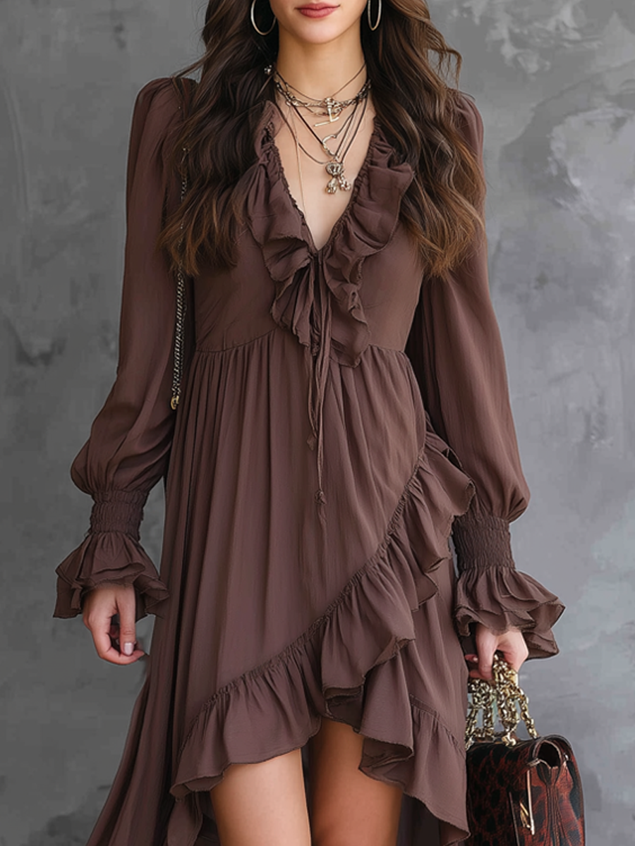 Retro Irregular Hem Chiffon Midi Dress