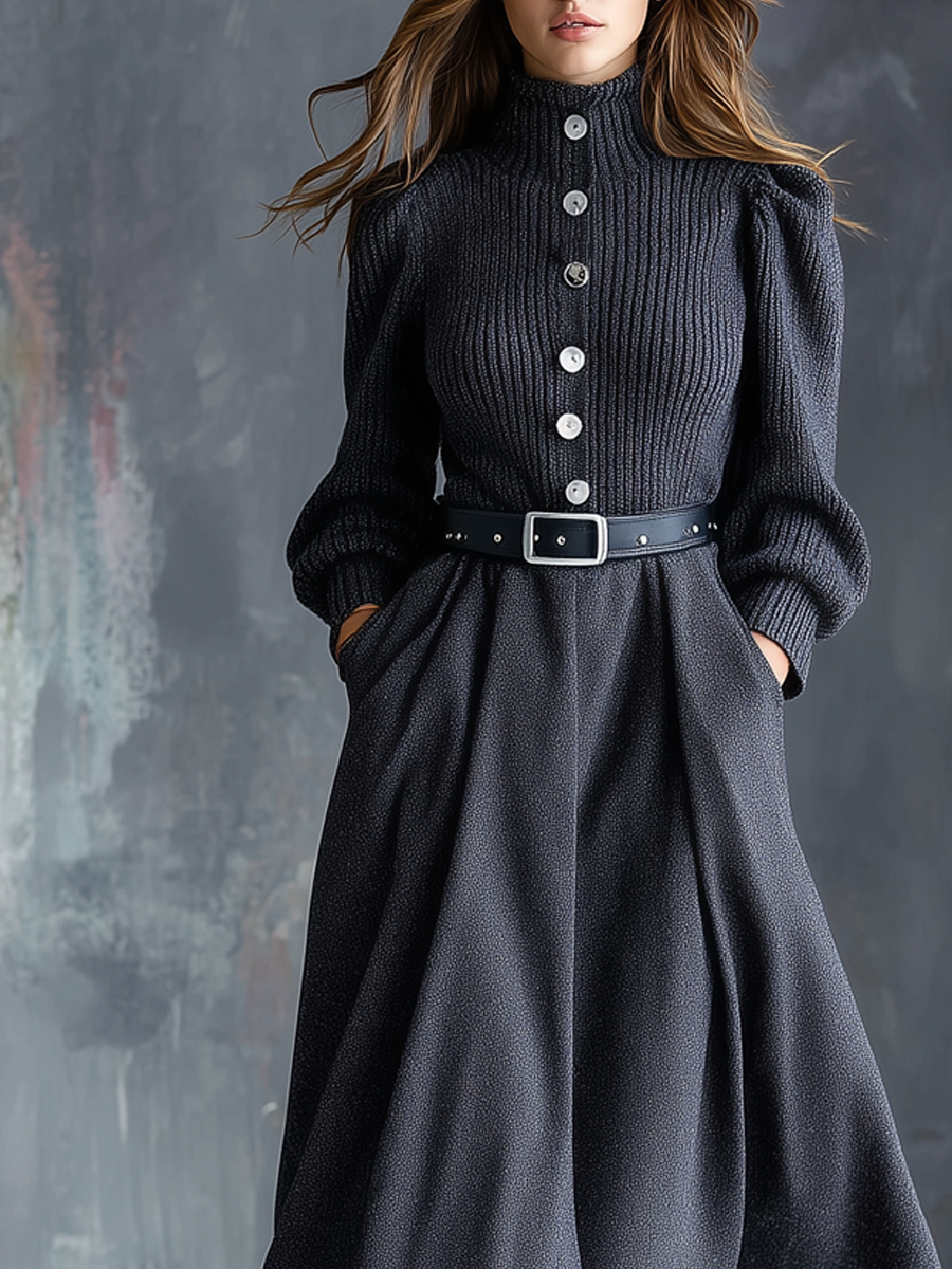 Retro High Collar Button Pocket Knitted Midi Dress