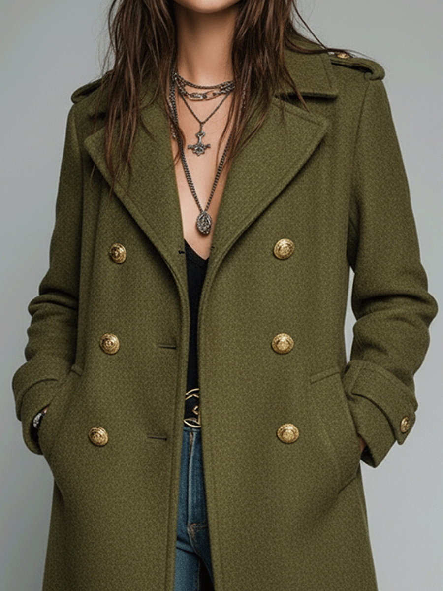 Vintage Olive Green Long Wool Blend Gold Buttons Trench Coat