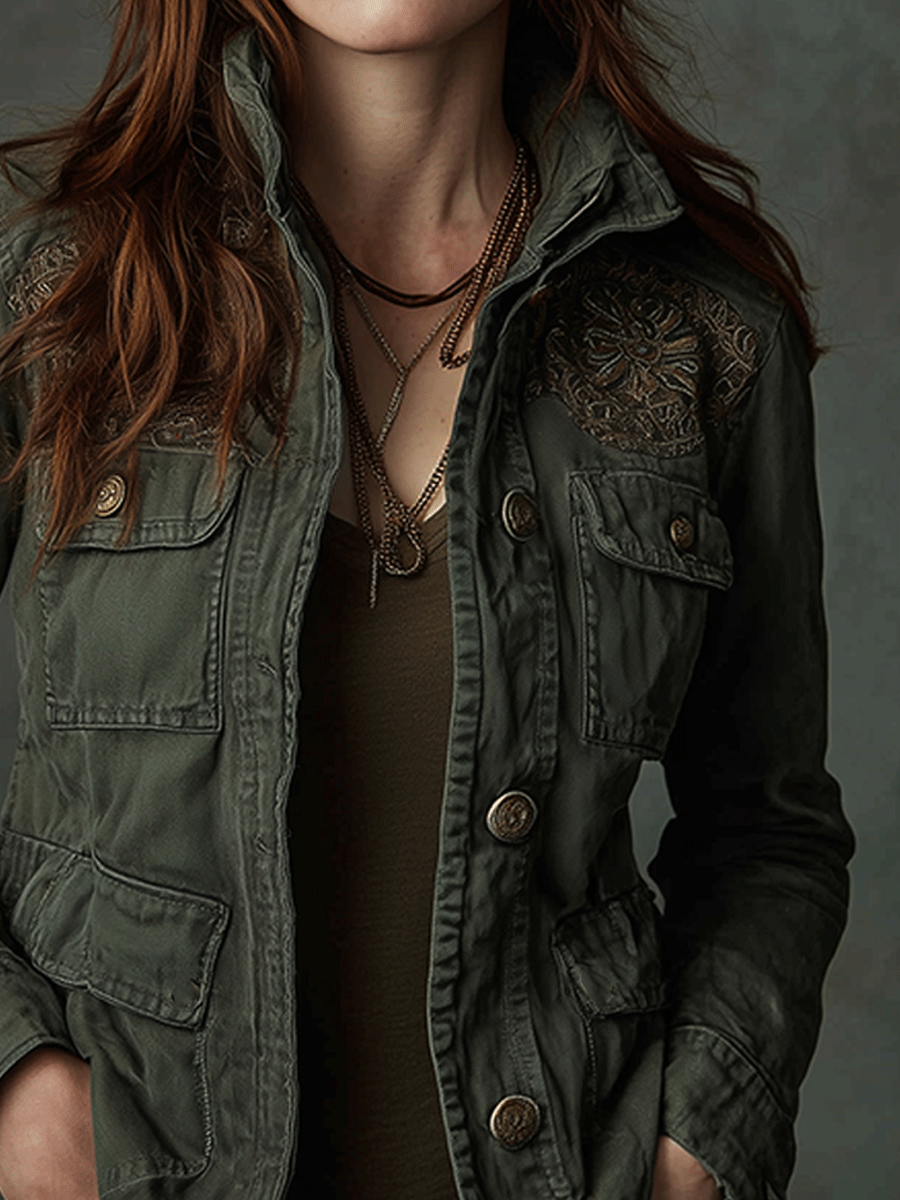 Bohemian Utility Embroidered Workwear Cotton Jacket