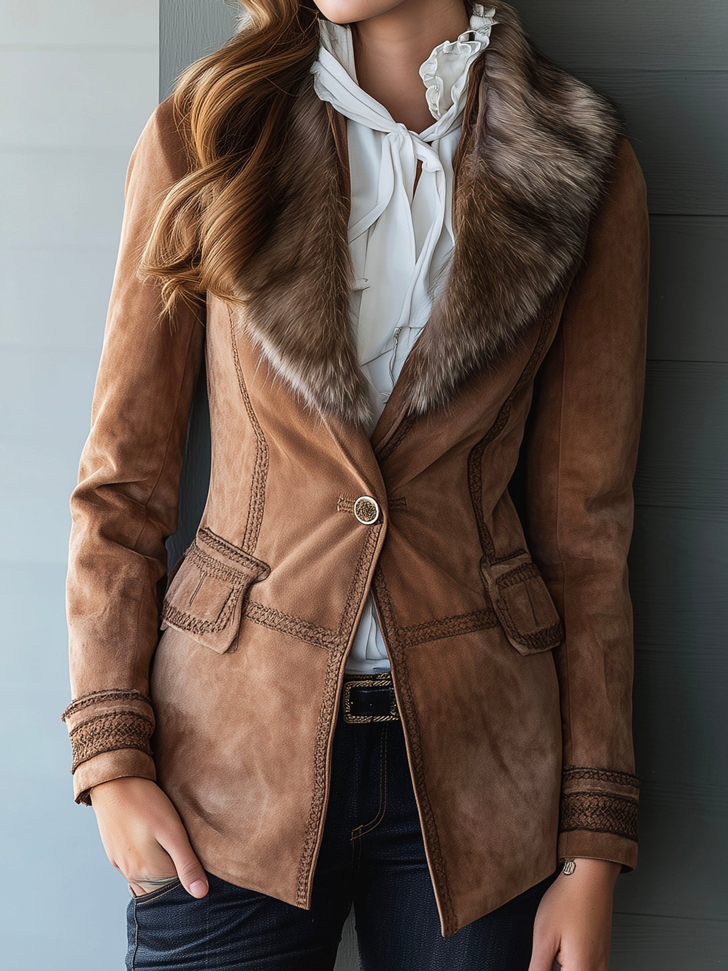 Vintage Camel Suede Braided Jacket With Eco Fur Collar