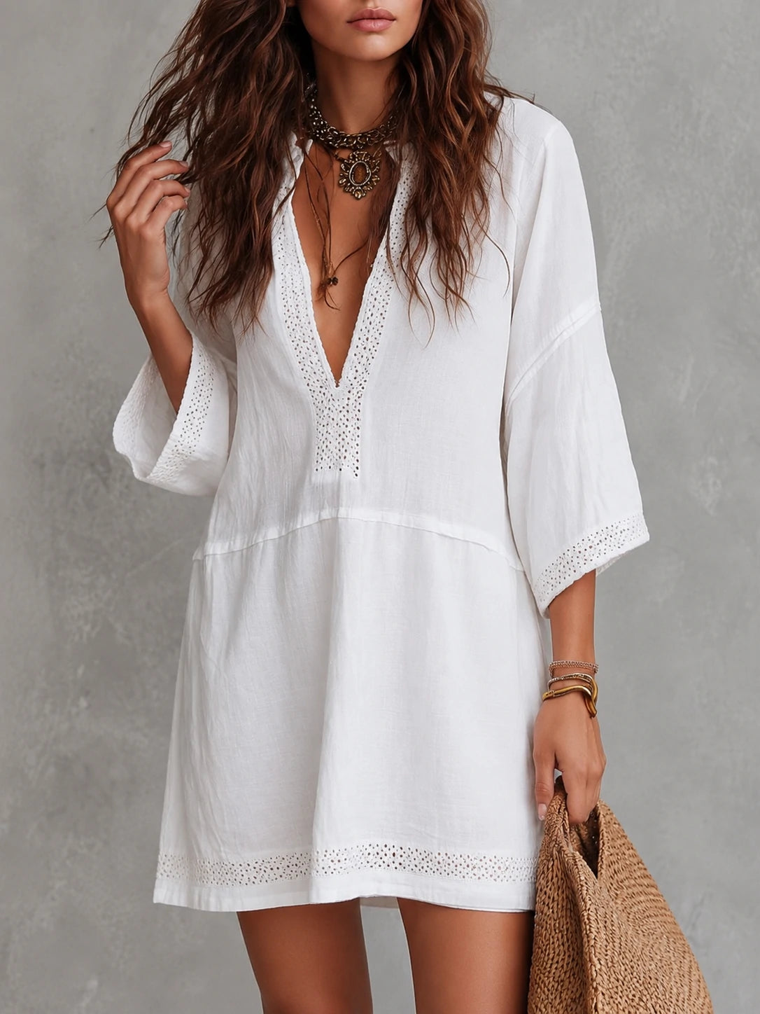Vintage Lace Trim Draped Waistline Cotton Linen Mini Dress