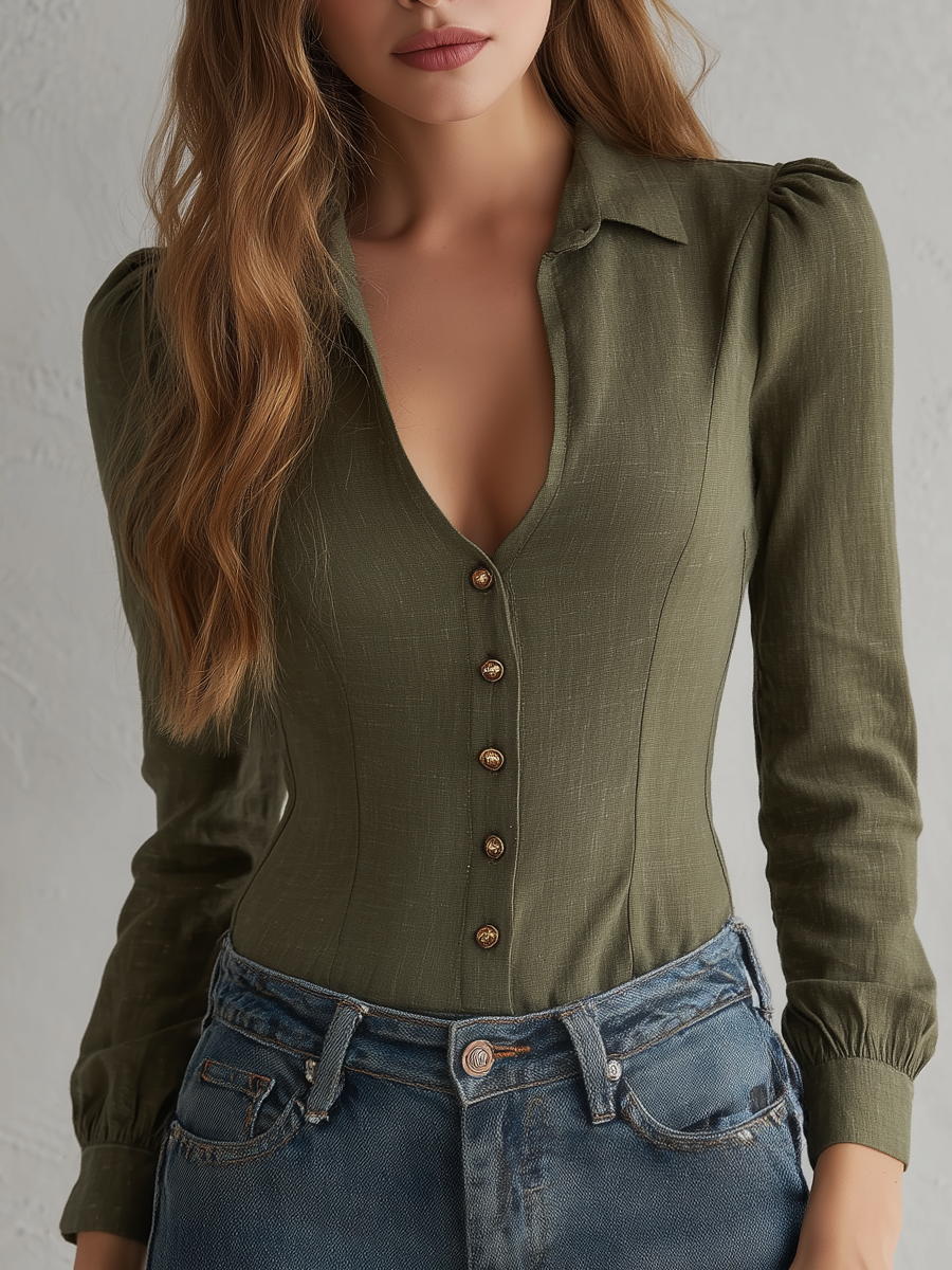 Retro Minimalist V-Neck Cotton Linen Long-sleeved Blouse
