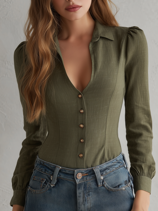 Retro Minimalist V-Neck Cotton Linen Long-sleeved Blouse