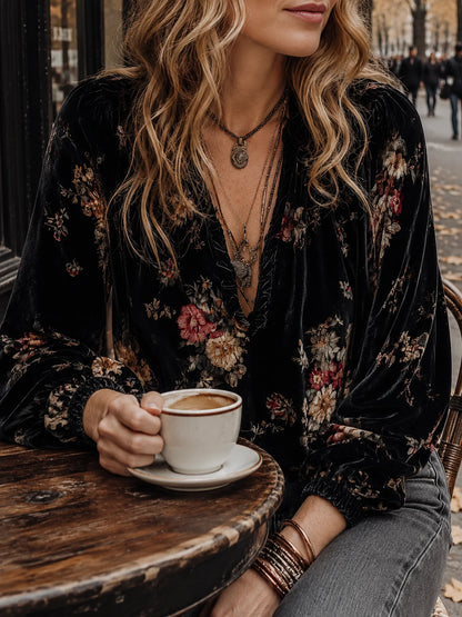 Vintage Floral Velvet Long-Sleeved Blouse
