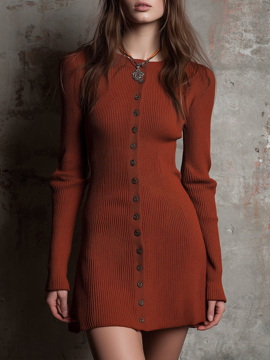 Retro Slim-fit Button-embellished Knitted Mini Dress