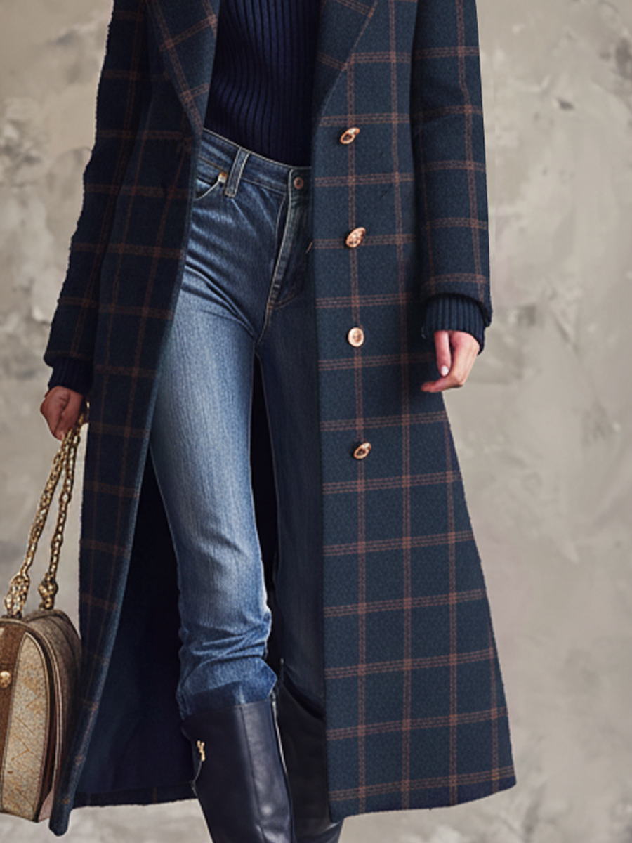 Retro Metal Button Plaid Long Coat